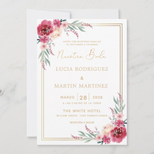 Rood bloemig groen blad Goud Lijst Nuestra Boda Kaart (Voorkant)