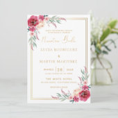 Rood bloemig groen blad Goud Lijst Nuestra Boda Kaart (Staand voorkant)