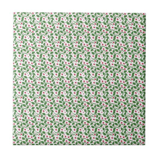 Rood bloemmotief met blad, donker botanisch naadlo tegeltje (Voorkant)