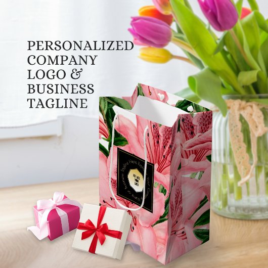 Rood Bloemmotief Voeg Uw Bedrijfsnaam & Logo Toe Medium Cadeauzakje