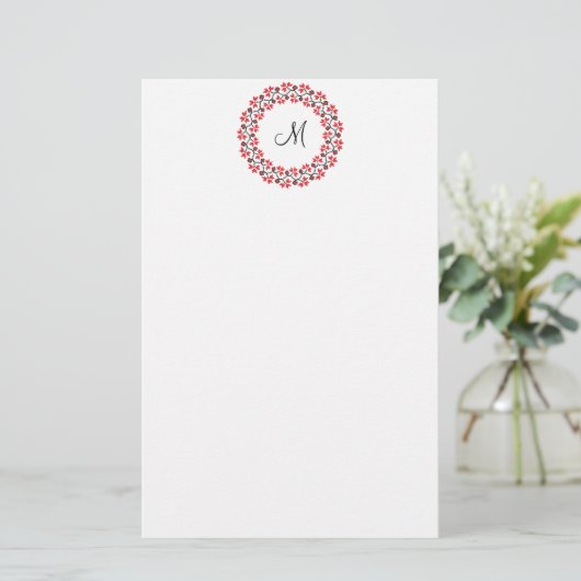 Rood bloemring Gepersonaliseerd Monogram Initiaal Briefpapier (Staand voorkant)
