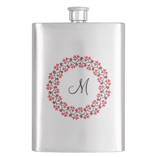 Rood bloemring Gepersonaliseerd Monogram Initiaal Heupfles (Voorkant)