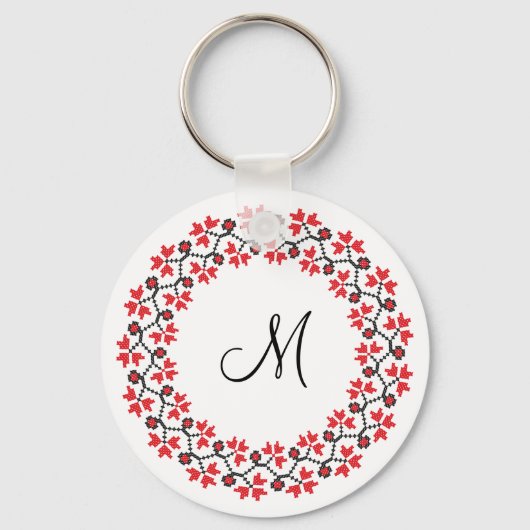 Rood bloemring Gepersonaliseerd Monogram Initiaal Sleutelhanger (Voorkant)