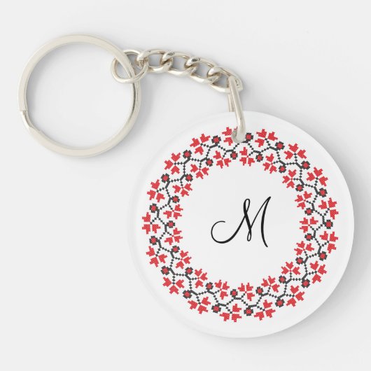 Rood bloemring Gepersonaliseerd Monogram Initiaal Sleutelhanger (Voorkant)