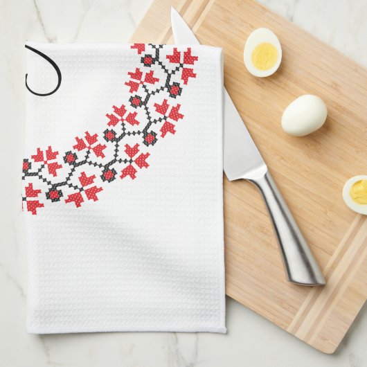 Rood bloemring Gepersonaliseerd Monogram Initiaal Theedoek (Quarter Fold)