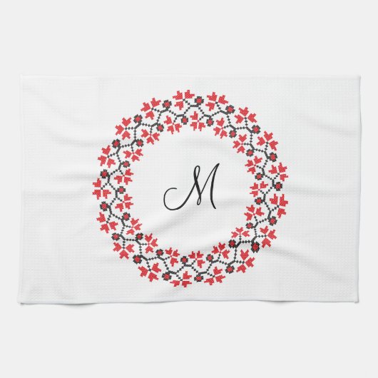 Rood bloemring Gepersonaliseerd Monogram Initiaal Theedoek (Horizontaal)