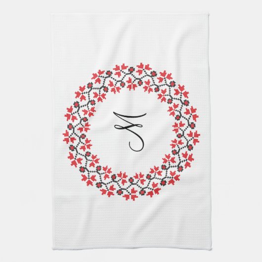 Rood bloemring Gepersonaliseerd Monogram Initiaal Theedoek (Verticaal)