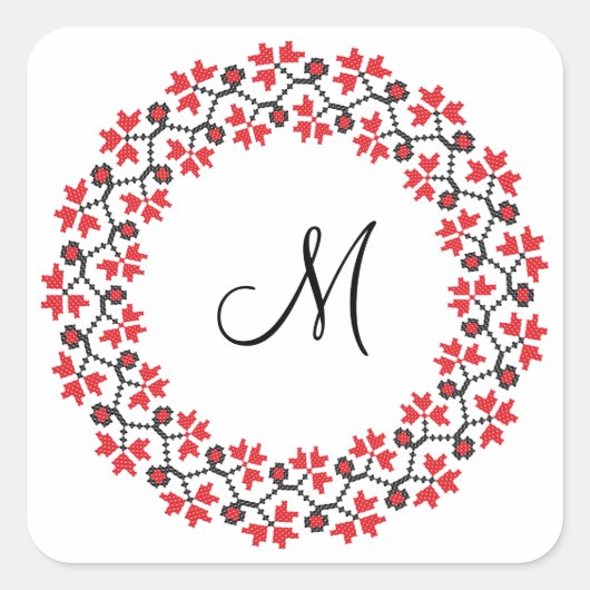 Rood bloemring Gepersonaliseerd Monogram Initiaal Vierkante Sticker (Voorkant)