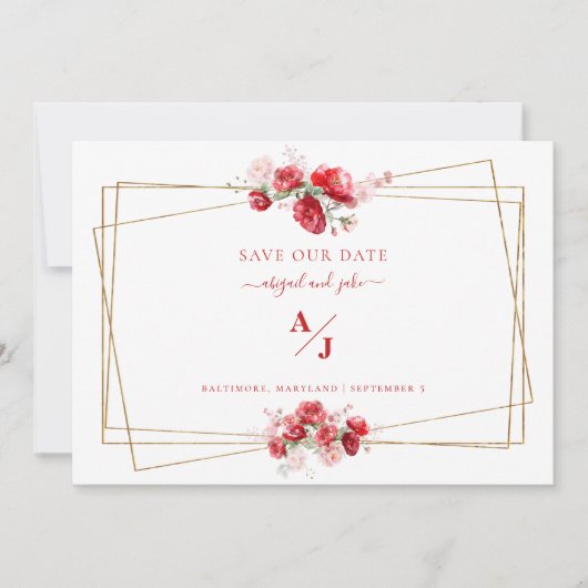 Rood & Blush Bloemen Bruiloft Bewaar onze Datum Save The Date (Voorkant)