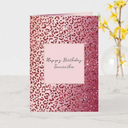 Rood Blush Roze glitter Sparkle Leopard Print Kaart (Gele Bloem)