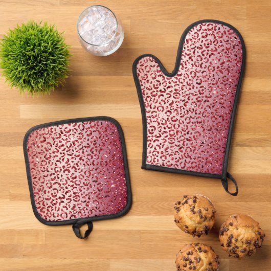 Rood Blush Roze glitter Sparkle Leopard Print Ovenwant & Pannenlap Set (Top down)