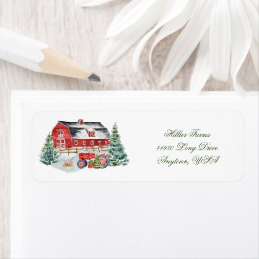 Rood Boerderij op de barnaven en het tractoretiket Etiket (Insitu)