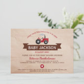 Rood Boerderij Tractor Baby Douche Uitnodigingen (Staand voorkant)