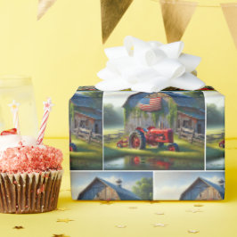 Rood Boerderij Tractor met Patriottische Schuur Cadeaupapier