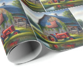 Rood Boerderij Tractor met Patriottische Schuur Cadeaupapier (Rol Hoek)