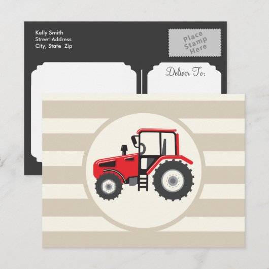 Rood Boerderij tractor op Tan Stripes Briefkaart (Voorkant / Achterkant)