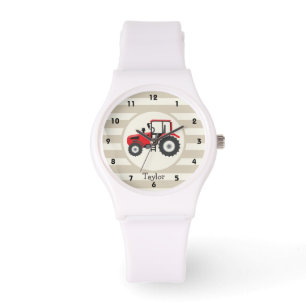 Rood Boerderij tractor op Tan Stripes Horloge