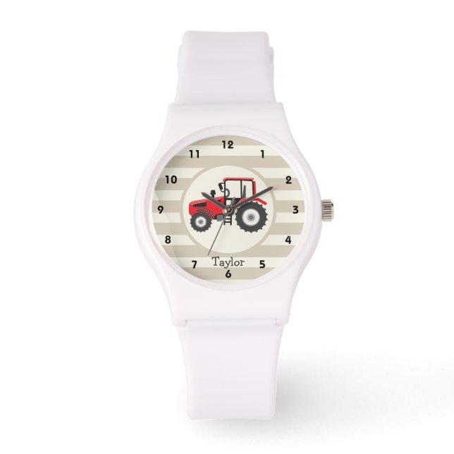 Rood Boerderij tractor op Tan Stripes Horloge (Voorkant)