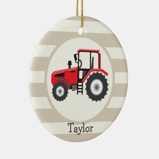 Rood Boerderij tractor op Tan Stripes Keramisch Ornament (Rechts)