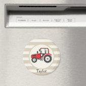 Rood Boerderij tractor op Tan Stripes Magneet (Insitu (Vaatwasser))