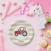 Rood Boerderij tractor op Tan Stripes Papieren Bordje (Feest)