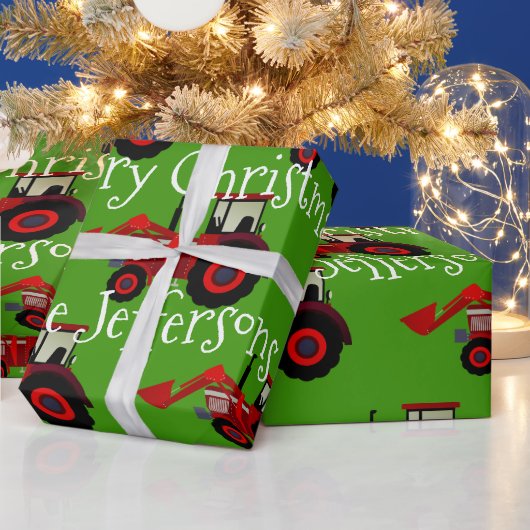 Rood Boerderij Tractoren op Groene Kerst Cadeaupapier (Feestdagen)