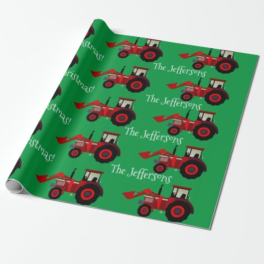 Rood Boerderij Tractors op Green kerstwrapping Pap Cadeaupapier (Uitgerold)