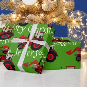 Rood Boerderij Tractors op groene kerst Cadeaupapier