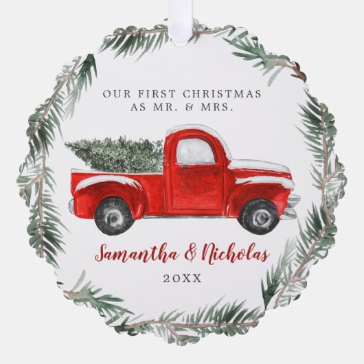  rood Boerderij vrachtwagen | Eerste Kerstmis Mr.  Ornament Kaart (Voorkant)