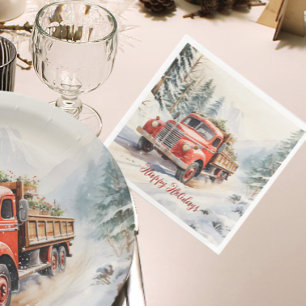 rood Boerderij vrachtwagen geladen voor Kerstmis Servet