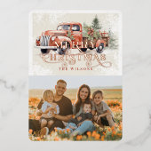  rood Boerderij Vrachtwagen Kerstboom Foto Folie Feestdagenkaart (Voorkant)