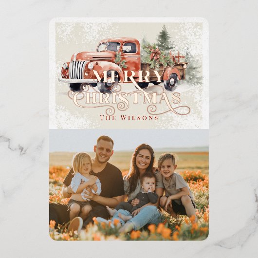  rood Boerderij Vrachtwagen Kerstboom Foto Folie Feestdagenkaart (Voorkant)
