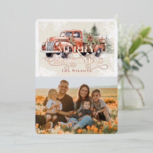  rood Boerderij Vrachtwagen Kerstboom Foto Folie Feestdagenkaart (Staand Voorkant)