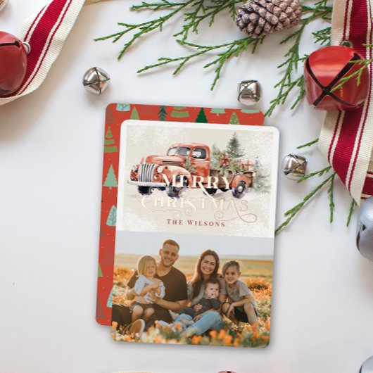  rood Boerderij Vrachtwagen Kerstboom Foto Folie Feestdagenkaart