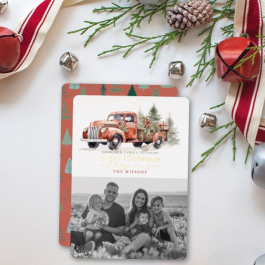  Rood Boerderij Vrachtwagen Kerstboom Foto Wit Folie Feestdagenkaart