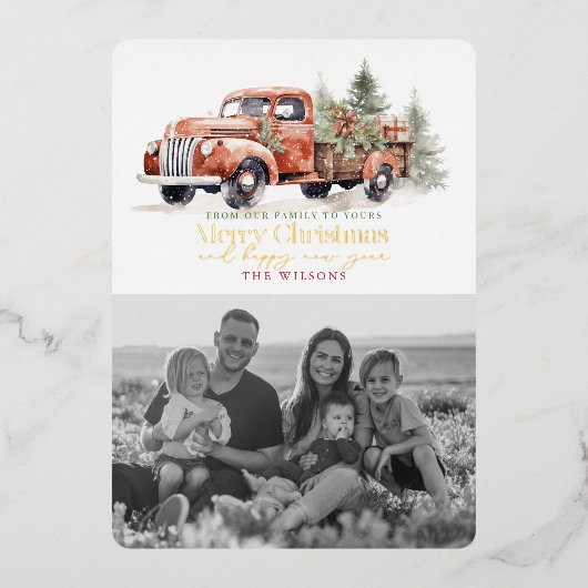  Rood Boerderij Vrachtwagen Kerstboom Foto Wit Folie Feestdagenkaart (Voorkant)