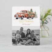  Rood Boerderij Vrachtwagen Kerstboom Foto Wit Folie Feestdagenkaart (Staand Voorkant)