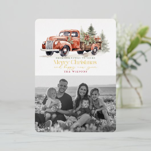  Rood Boerderij Vrachtwagen Kerstboom Foto Wit Folie Feestdagenkaart (Staand Voorkant)