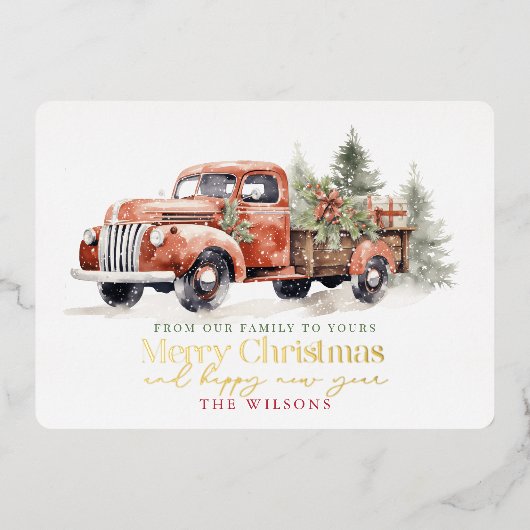  Rood Boerderij Vrachtwagen Kerstboom Wit Folie Feestdagenkaart (Voorkant)
