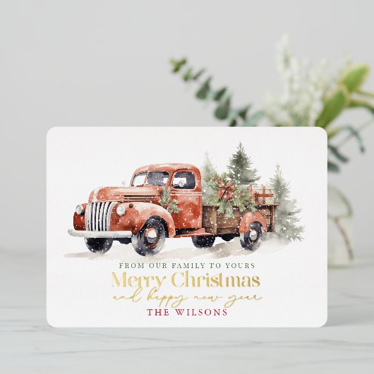  Rood Boerderij Vrachtwagen Kerstboom Wit Folie Feestdagenkaart (Staand Voorkant)