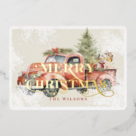 rood Boerderij vrachtwagen kerstboomhonden Folie Feestdagenkaart (Voorkant)