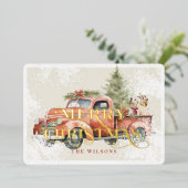  rood Boerderij vrachtwagen kerstboomhonden Folie Feestdagenkaart (Staand Voorkant)