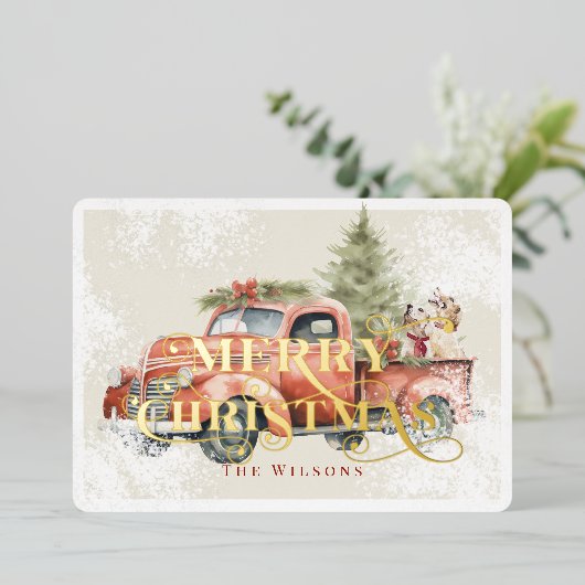  rood Boerderij vrachtwagen kerstboomhonden Folie Feestdagenkaart (Staand Voorkant)
