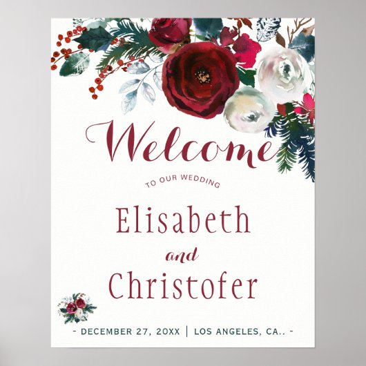 Rood bogundy bouquet winterbruiloft poster (Voorkant)