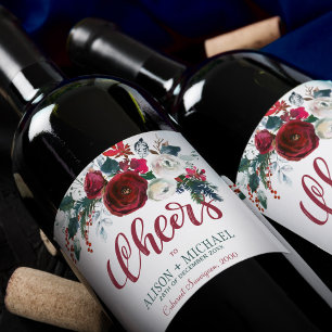 Rood bordeauxrood wit bloemboeket proost bruiloft wijn etiket