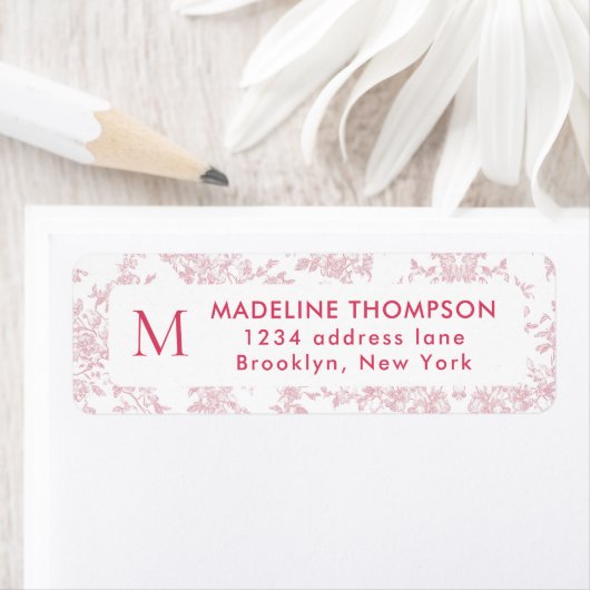 Rood botanisch toile monogramadres etiket (Insitu)