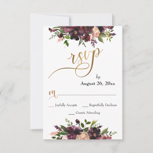 Rood Bourgondië Blush Bloemen Goud Script Bruiloft RSVP Kaartje (Voorkant)
