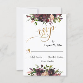 Rood Bourgondië Blush Bloemen Goud Script Bruiloft RSVP Kaartje