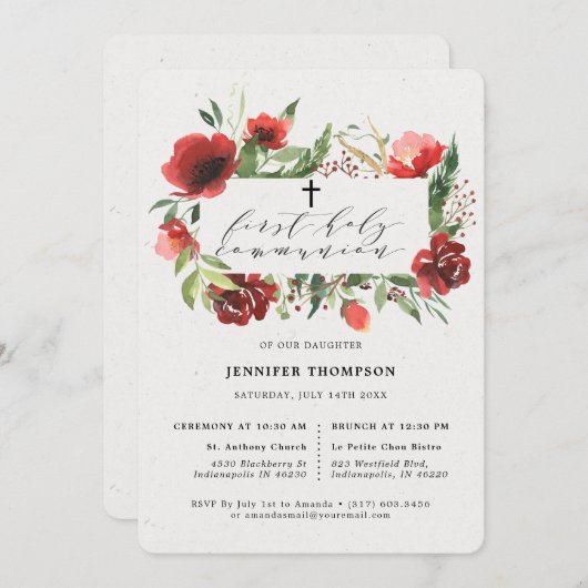 Rood Bourgondisch groen Eucalyptus Eerste Communie Kaart (Voorkant / Achterkant)