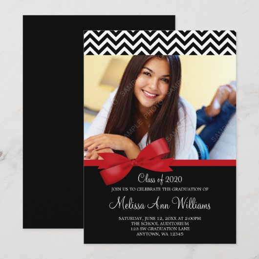Rood Bow Chevron Foto Afstuderen Aankondiging (Voorkant / Achterkant)